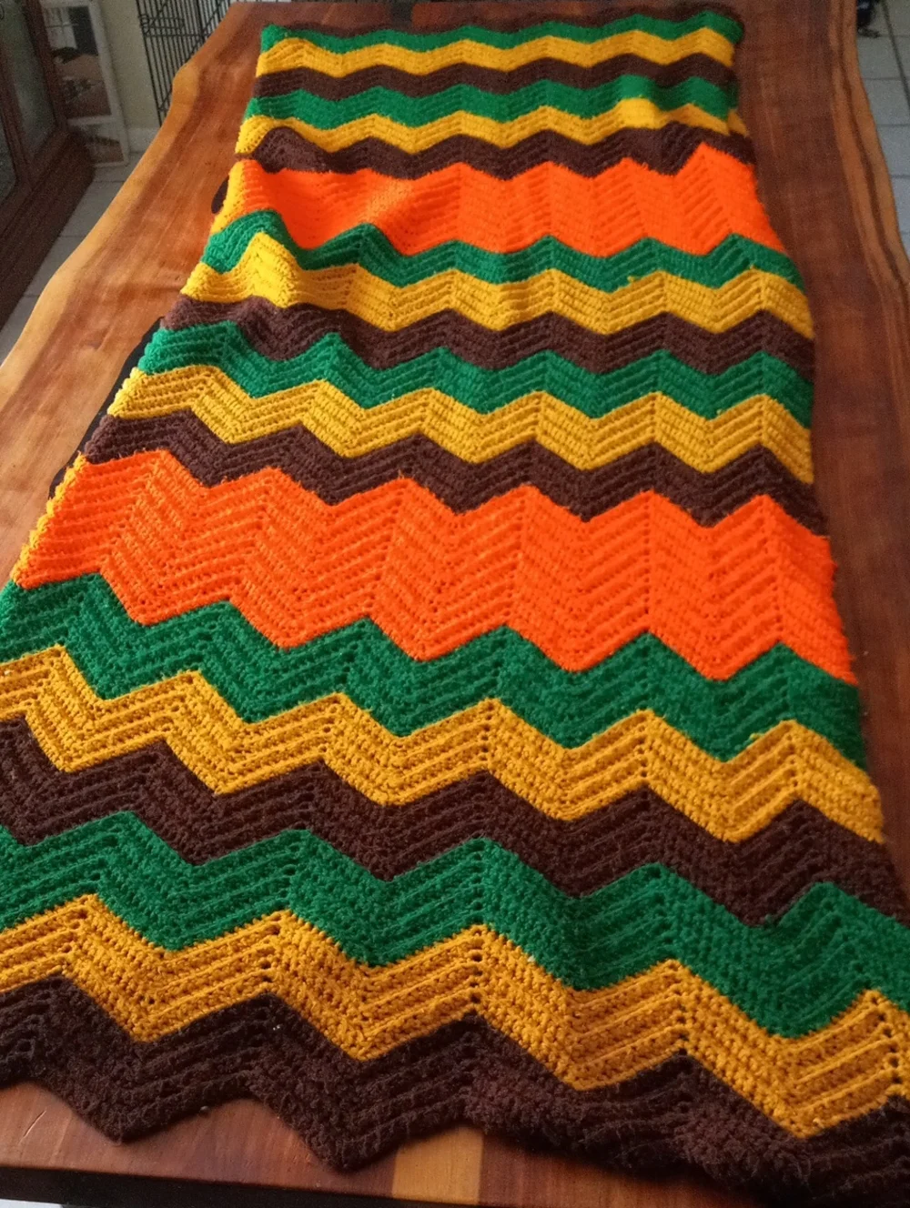 Handmade Chevron Knit Throw Blanket in Green, Yellow, Orange & Brown